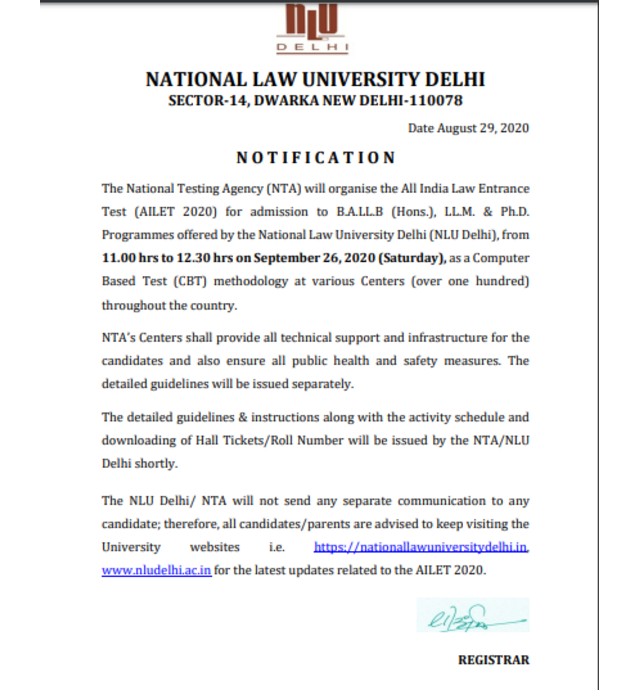 AILET 2020 exam dayte notification