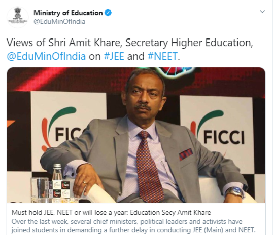 Amit Khare supports JEE/NEET in September