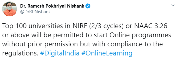 Education Minister's tweet regarding UGC's new regulations