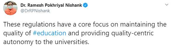 Education Minister's tweet regarding UGC's new regulations