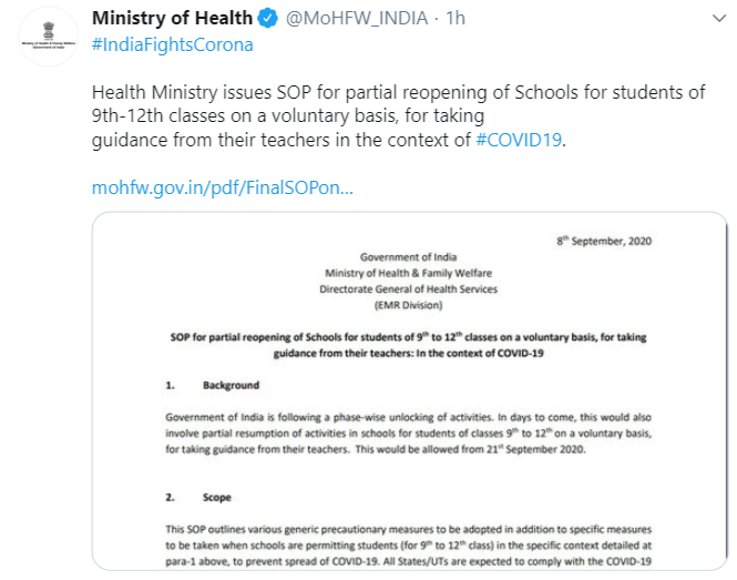 Ministry of Health's official tweet regarding guidelines 