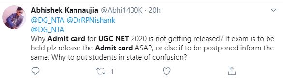 UGC NET admit card 2020 delayed tweet