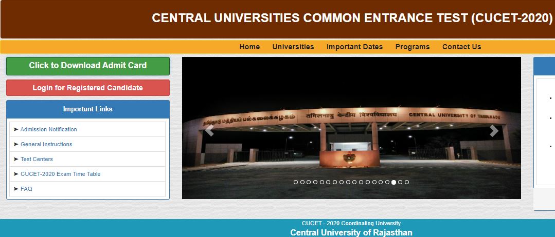 CUCET Admit Card Released Online