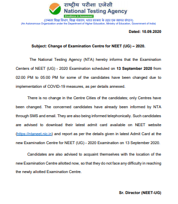 notification regarding change of test centres