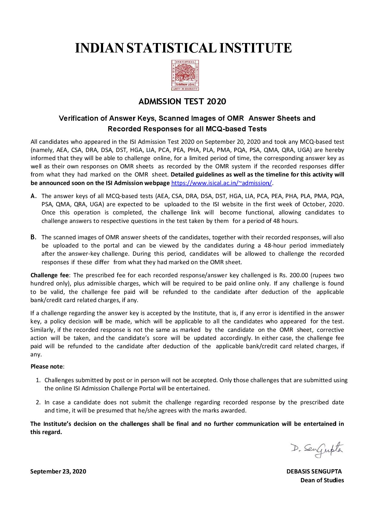 ISI Admission Test Answer Key Notice 2020