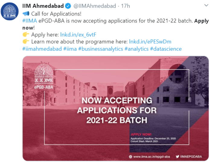 IIM Ahmedabad's official tweet regarding ePGD-ABA admissions
