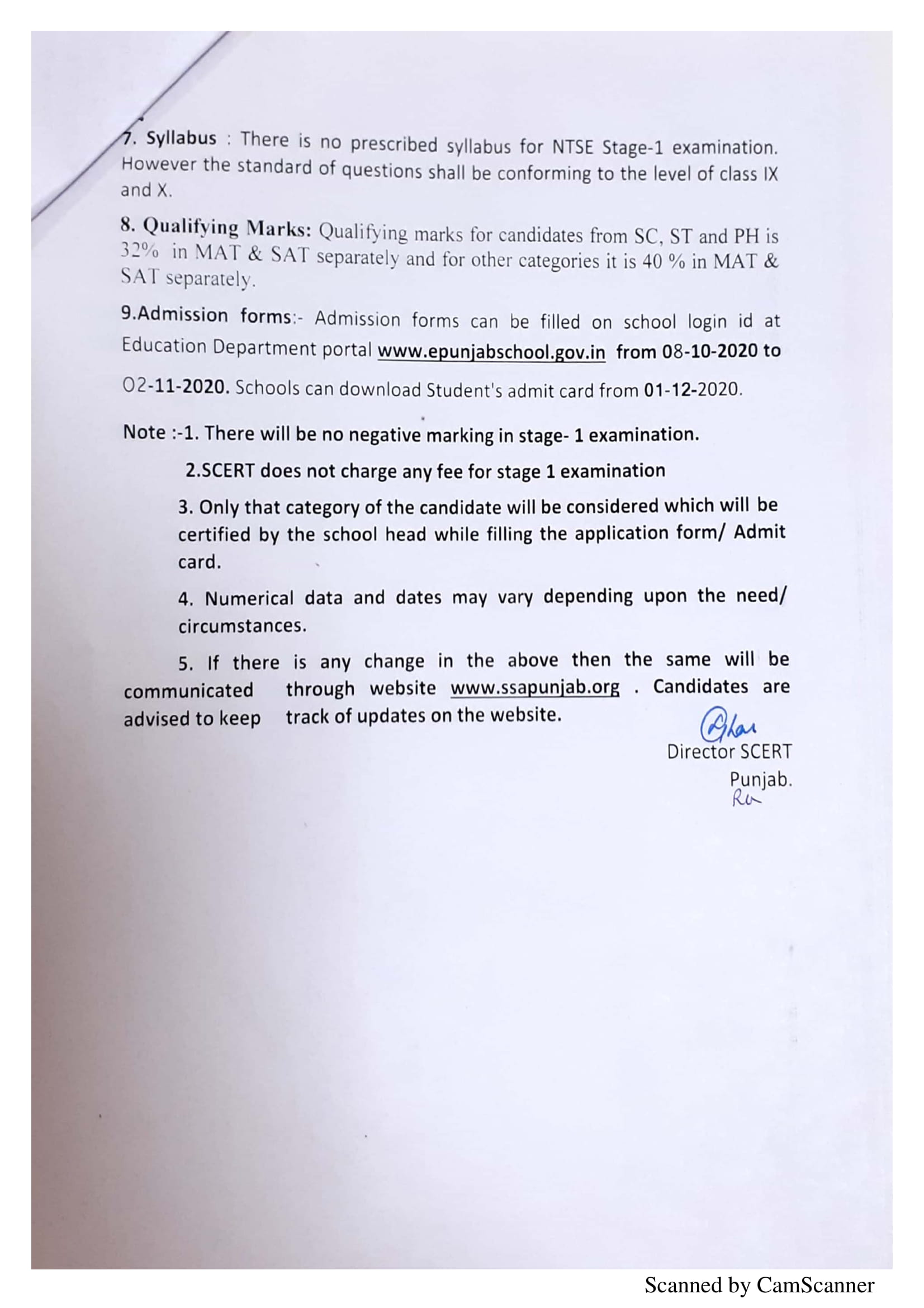 NTSE 2021 Punjab official notice