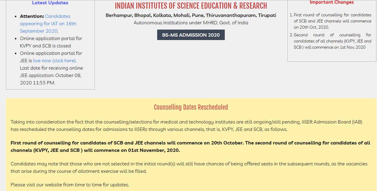 IISER Counselling Notice