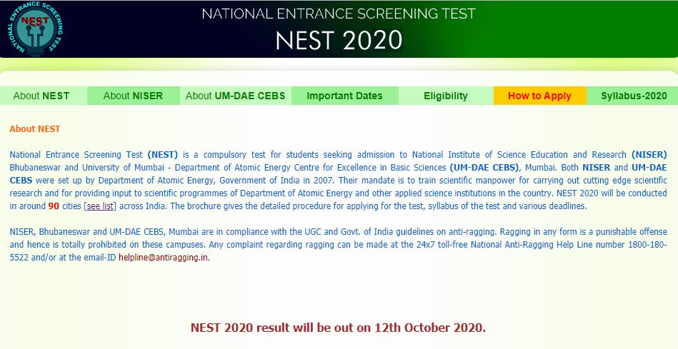 NEST 2020 Results Postponed to October 12