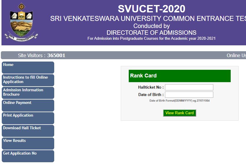 SVUCET 2020 Rank Card Download