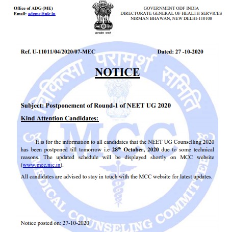 NEET 2020 counselling notification
