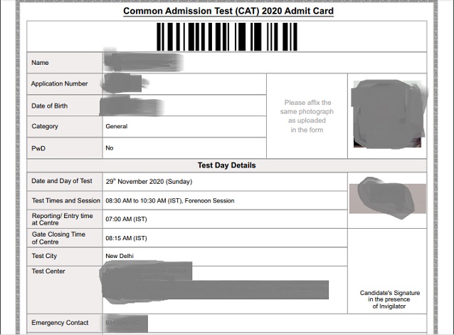 CAT 2020 admit card snap shot