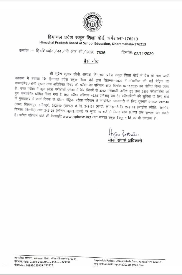 official notice regarding the release of HPBOSE 10th supply results 2020