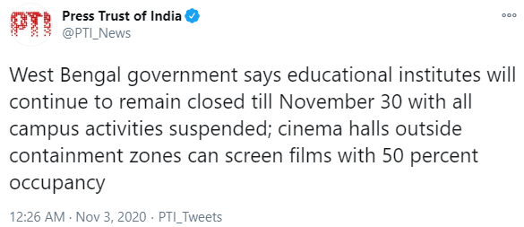 West Bengal government's decision on reopening of educational institutes 