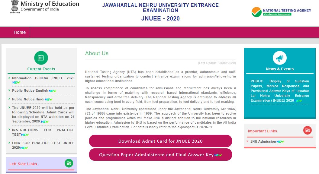 JNUEE 2020 Final Answer Key Released