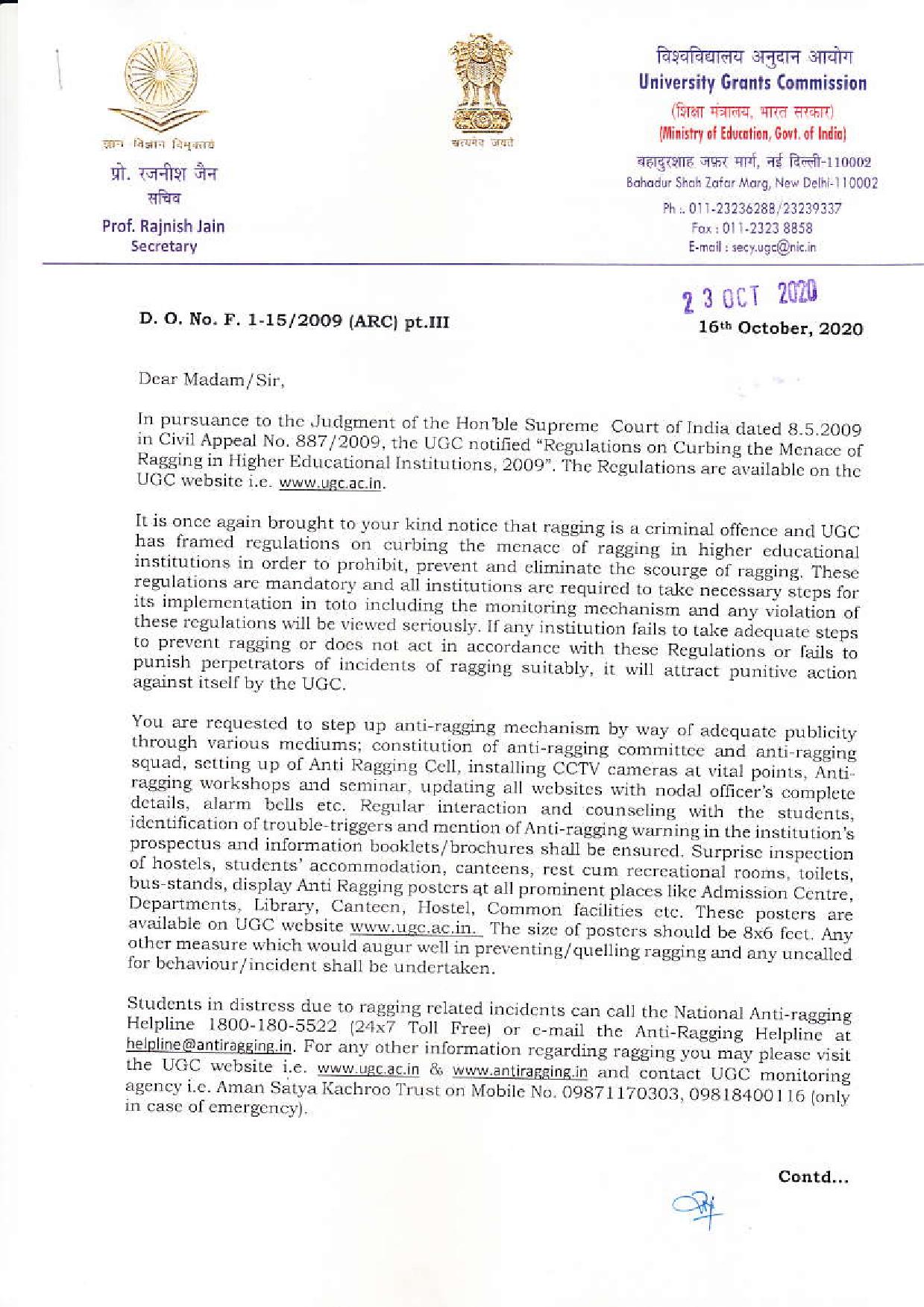 UGC guidelines against Ragging