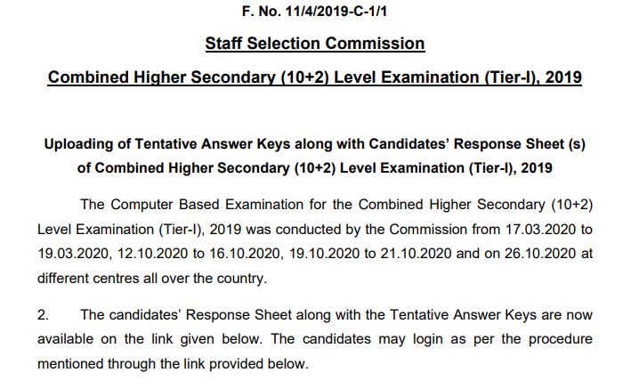SSC CHSL answer key 2020 for tier-I out