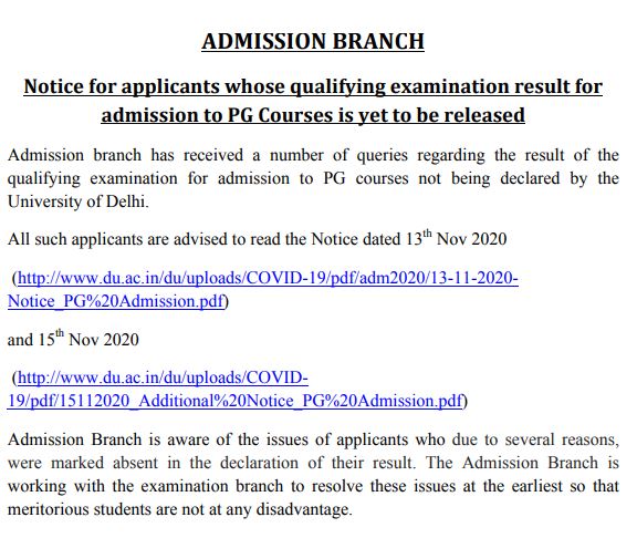 Delhi University PG Admissions Notice