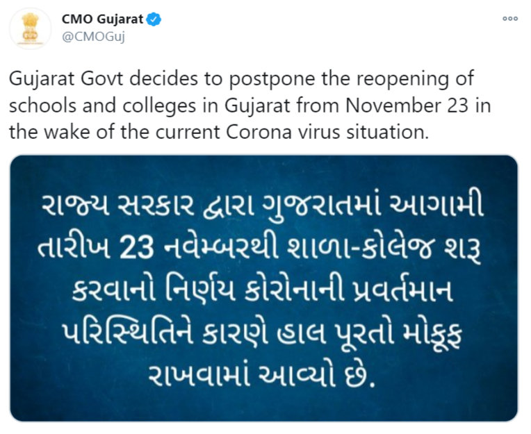 Tweet regarding postponement of school reopening