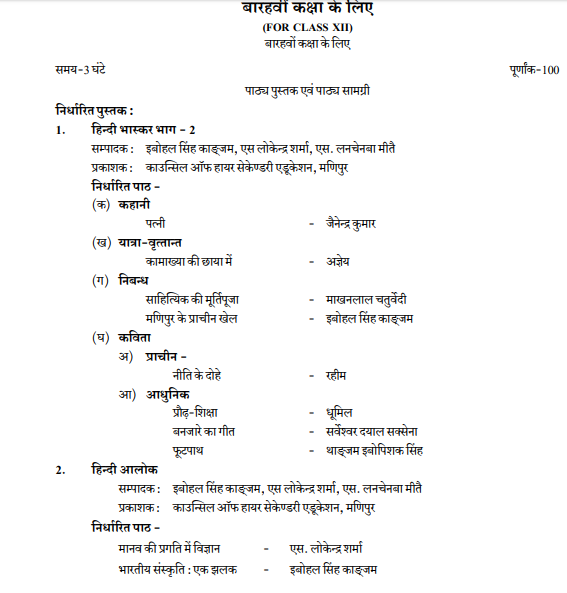 Manipur Board 12th Syllabus for Hindi