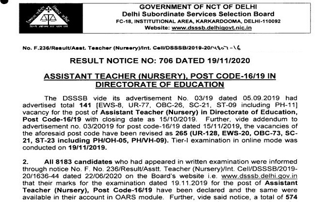 DSSSB result 2020 for Assistant Teacher Nursery out