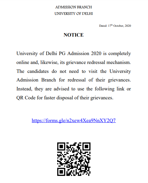 DU PG Admission Notice