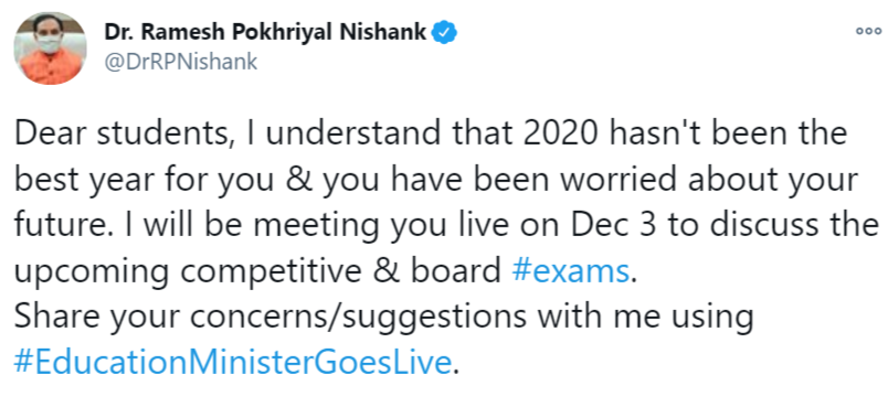 Education Minister's tweet on live session regarding board exams