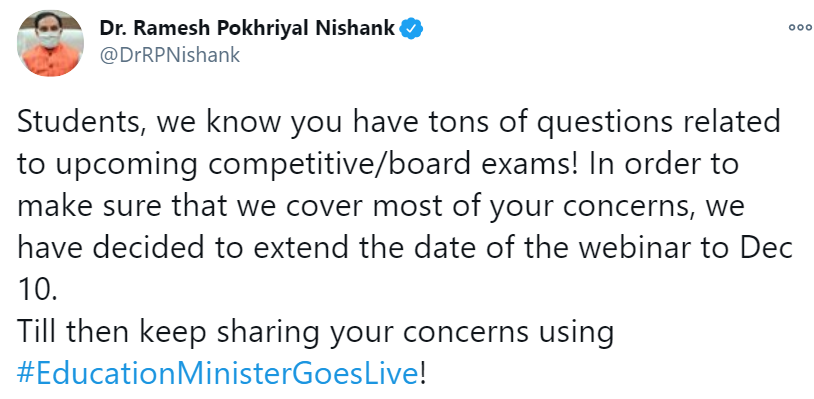 Edu Minister's official tweet regarding postponement of live session