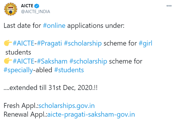 AICTE tweet about scholarship last date extension