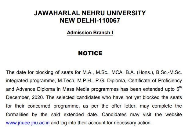 JNU Notice related to seat block