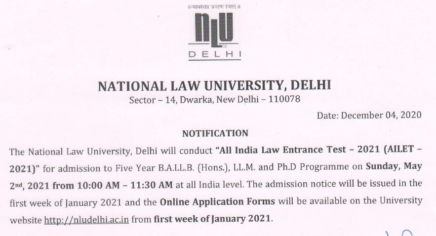 AILET 2021 Admission Notification by NLU Delhi