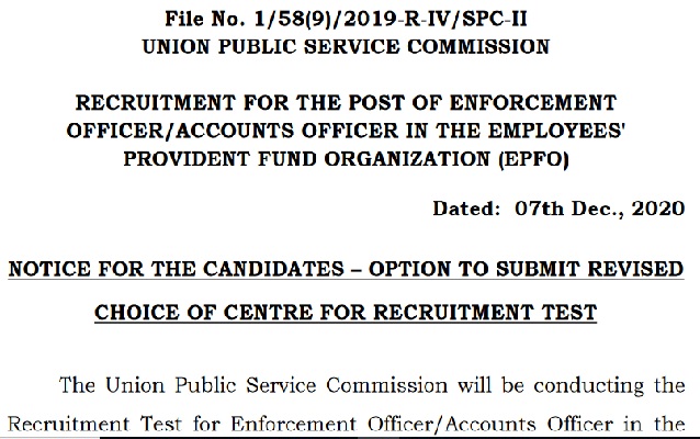 UPSC_EPFO_Recruitment_2020_21_Centre_Change