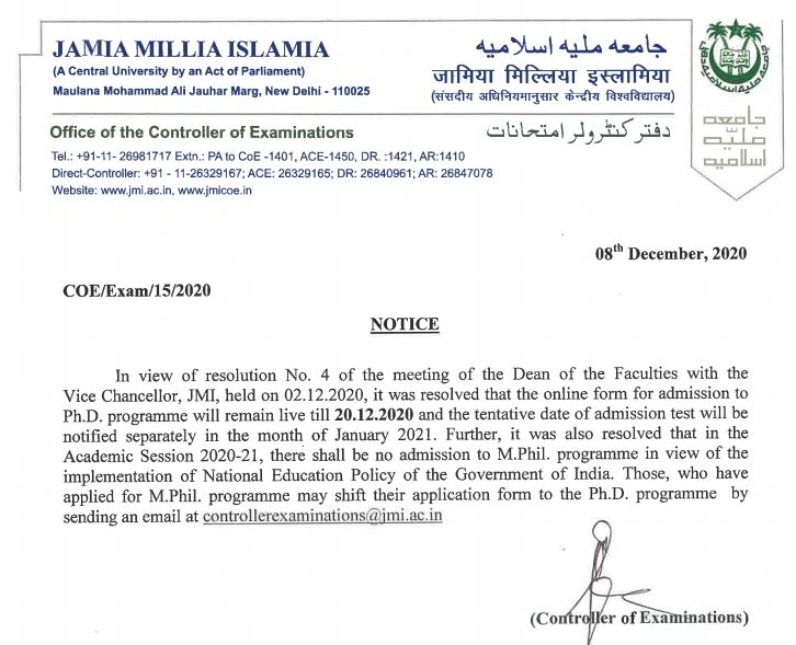 JMI PhD Notice