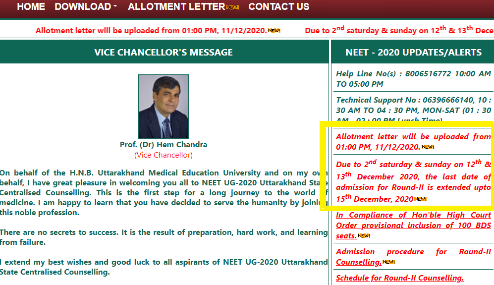 UK NEET 2020 Counselling website screenshot showing latest announcement 