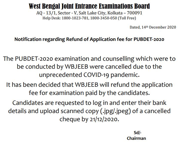 WBJEEB PUBDET Application Fee Refund