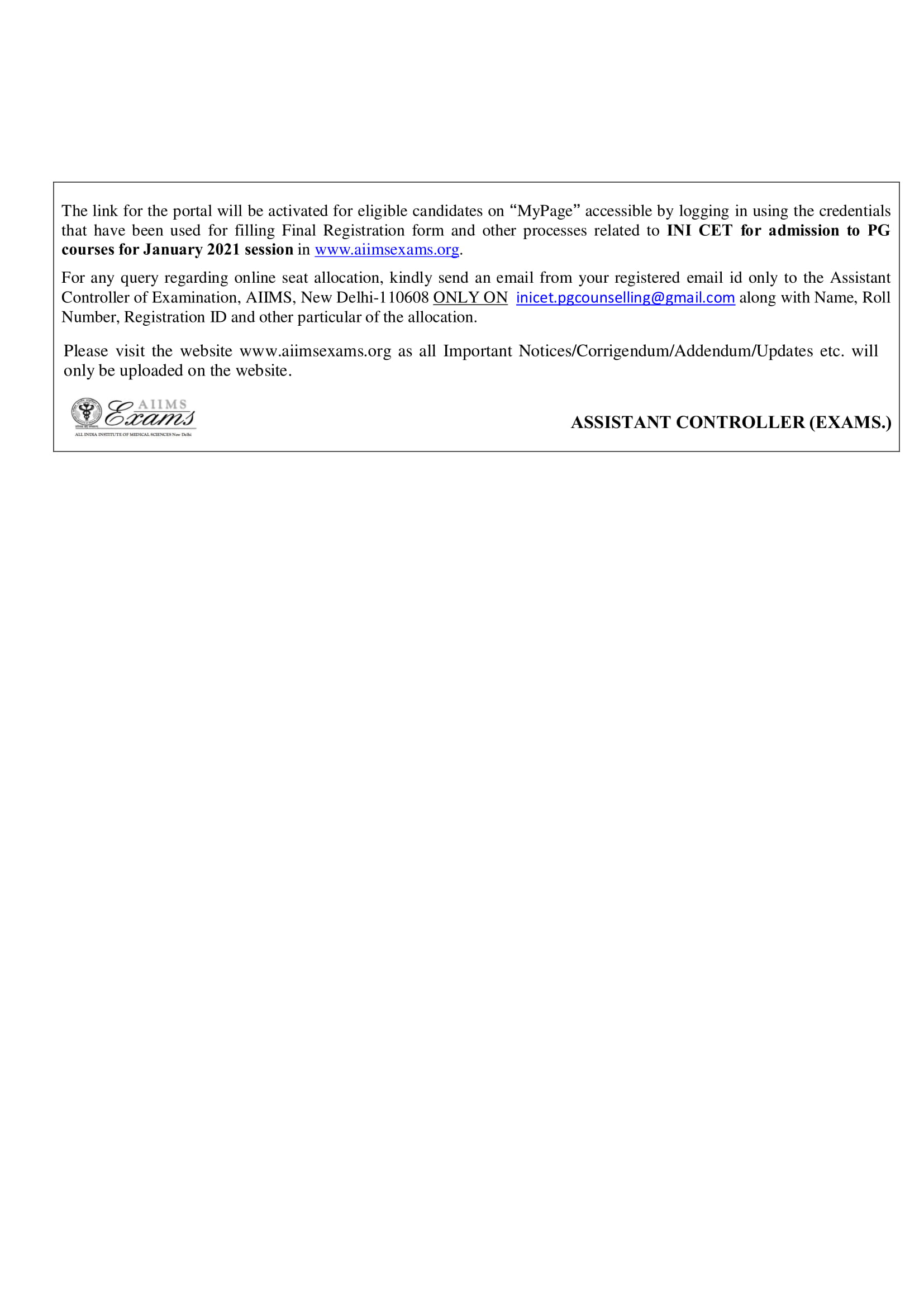 INI CET 2021 Seat Allocation Schedule