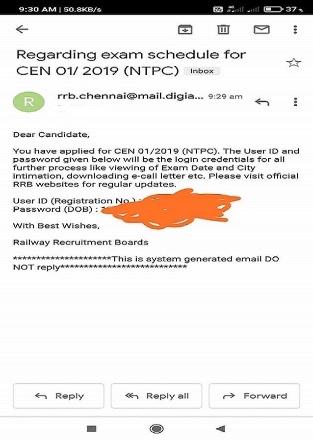 Email Intimation regarding exam date, city and admit card