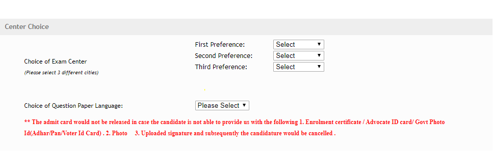 AIBE 2021 test centre preference