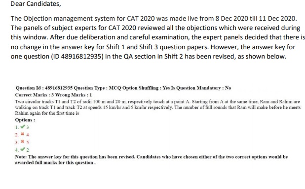 CAT 2020 answer key notice