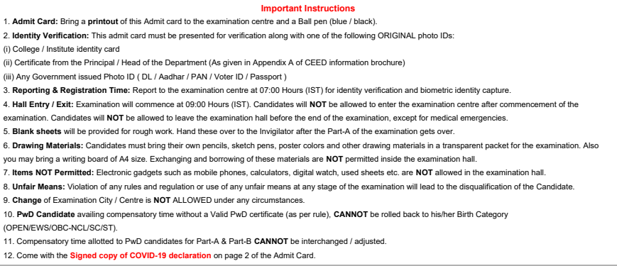 CEED 2021 Exam Day Intructions