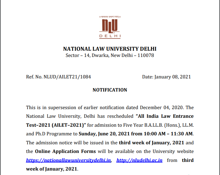 AILET 2021 exam rescheduled by NLU Delhi