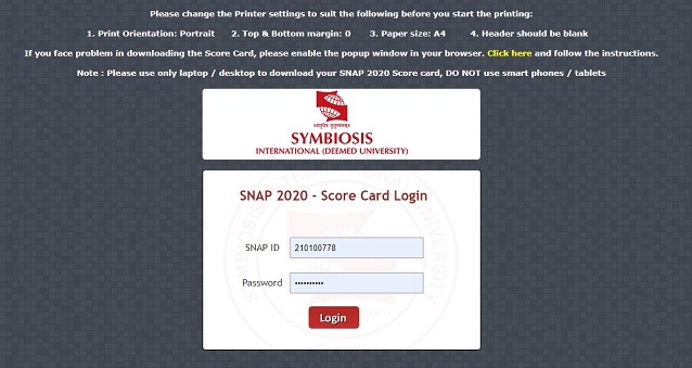 SNAP 2020 result login