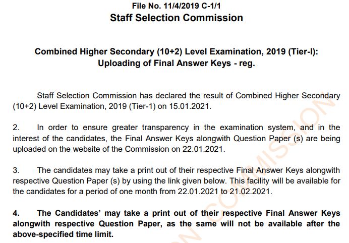 SSC CHSL answer key 2019 fir tier-I out
