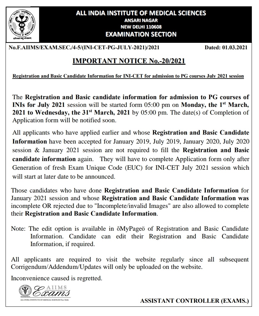 INI CET 2021 Application for July session