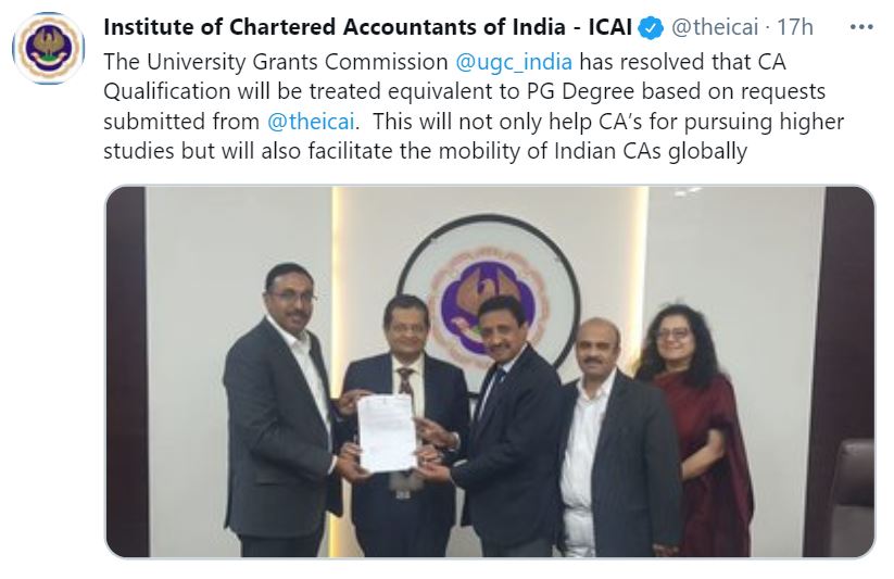 CA, CS, ICAW exams to be treated as equivalent to PG degree