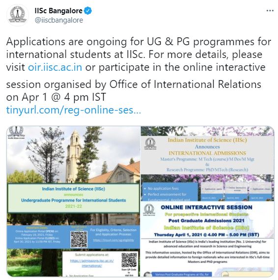 IISc official tweet regarding admissions for international students