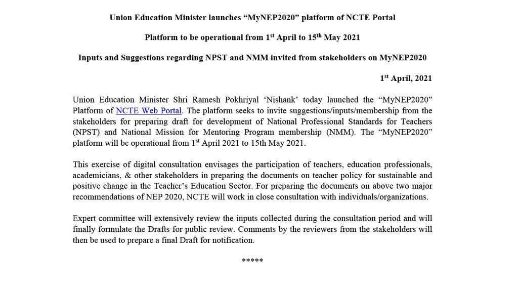 Press release regarding launch of MyNEP2020