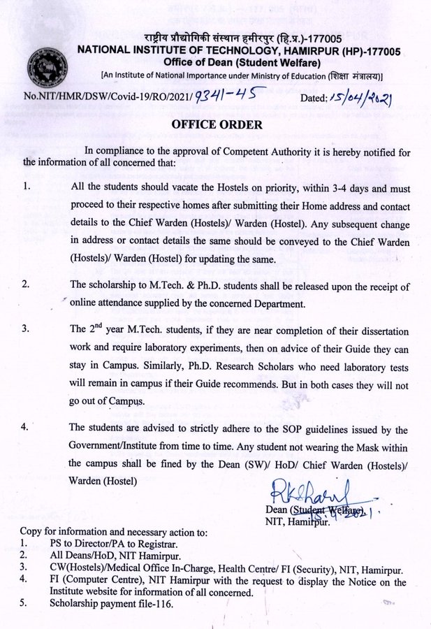 Office orders issued by NIT Hamirpur against COVID-19 spread