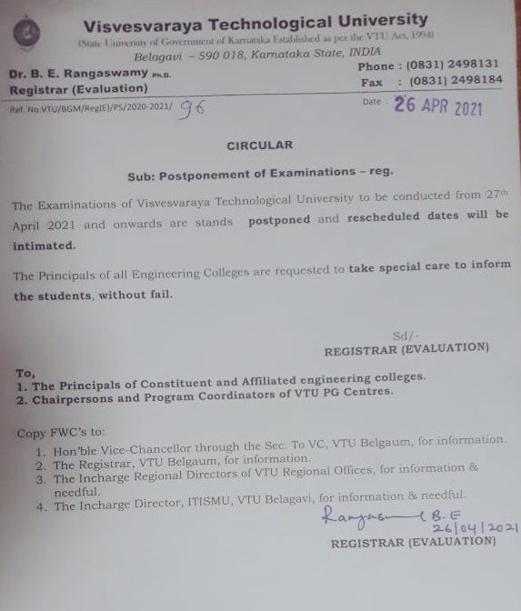 VTU Circular regarding postponement of exams
