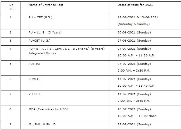 PU LLB Entrance Exam 2021 Date Out